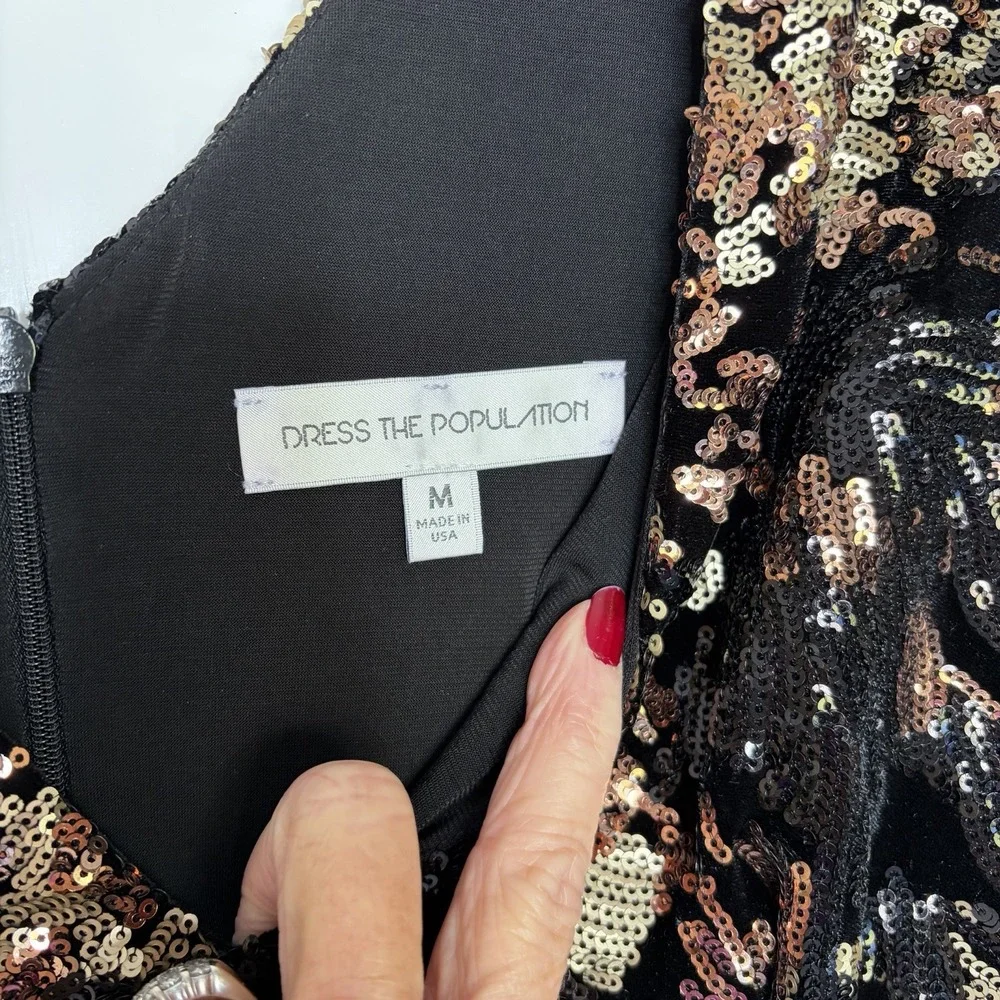 Dress the Population Black Gold Sequin Velvet V-Neck Cap Sleeve Sheath Midi Glam - Picture 9 of 12